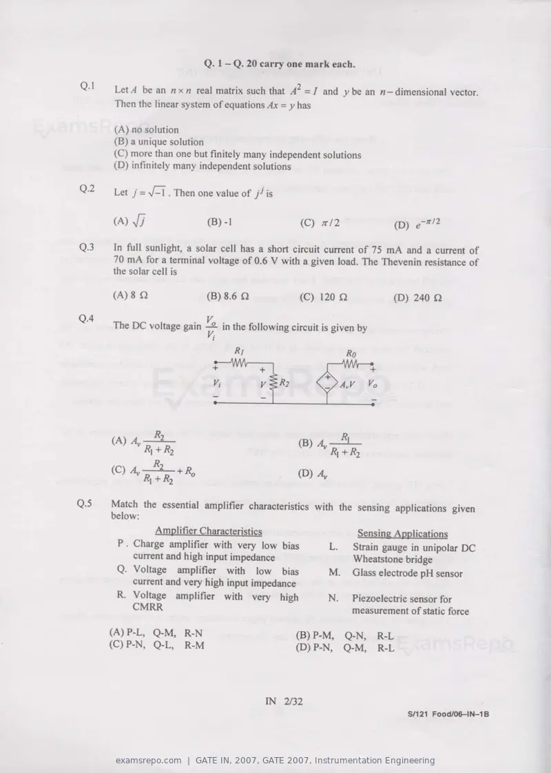 GATE IN 2007 question paper, GATE 2007, Instrumentation Engineering, page 2 of 27