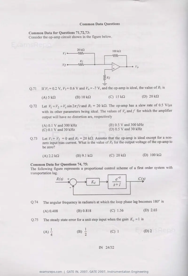 GATE IN 2007 question paper, GATE 2007, Instrumentation Engineering, page 24 of 27
