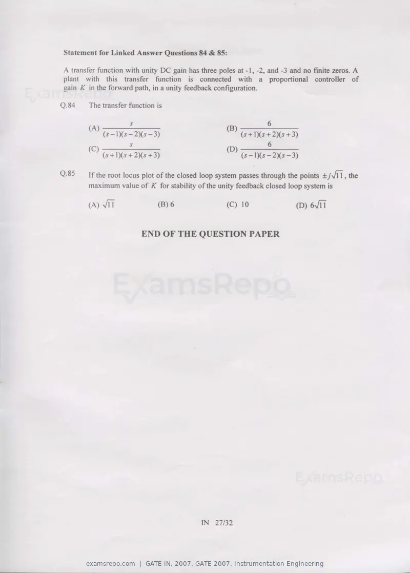 GATE IN 2007 question paper, GATE 2007, Instrumentation Engineering, page 27 of 27