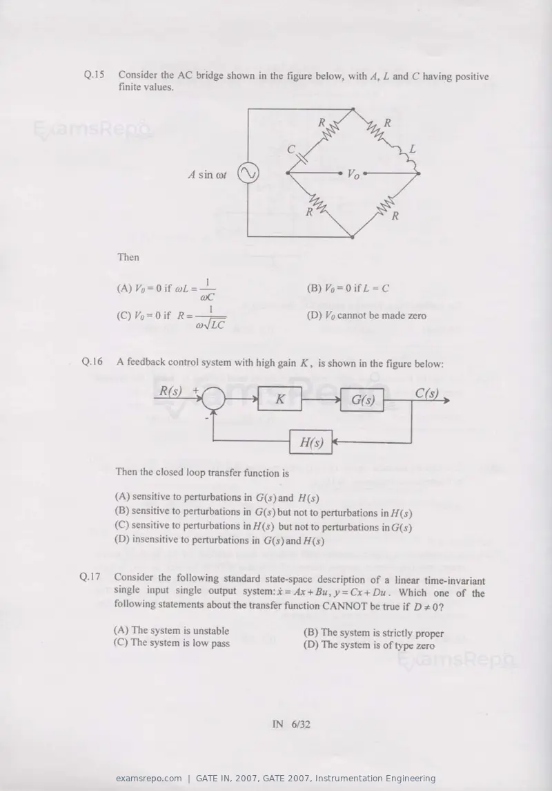 GATE IN 2007 question paper, GATE 2007, Instrumentation Engineering, page 6 of 27