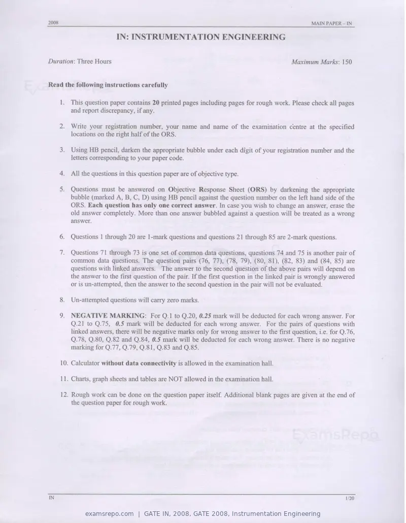 GATE IN 2008 question paper, GATE 2008, Instrumentation Engineering, page 1 of 17