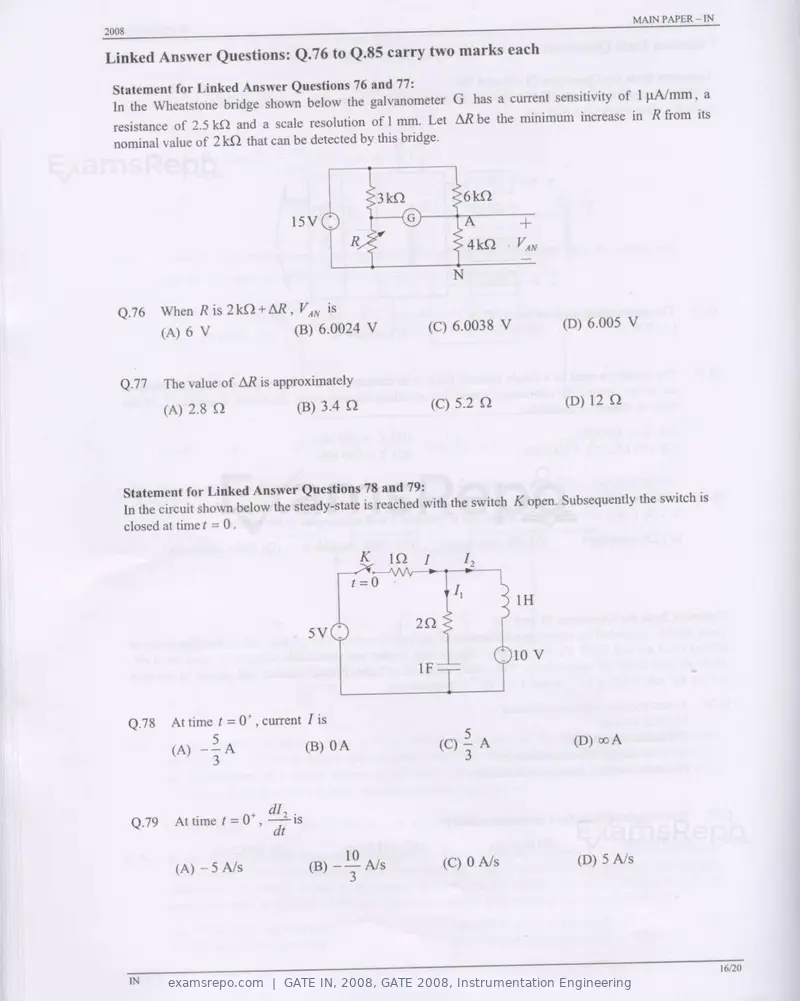 GATE IN 2008 question paper, GATE 2008, Instrumentation Engineering, page 16 of 17