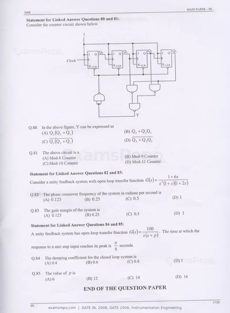 GATE IN 2008 question paper, GATE 2008, Instrumentation Engineering, page 17 of 17