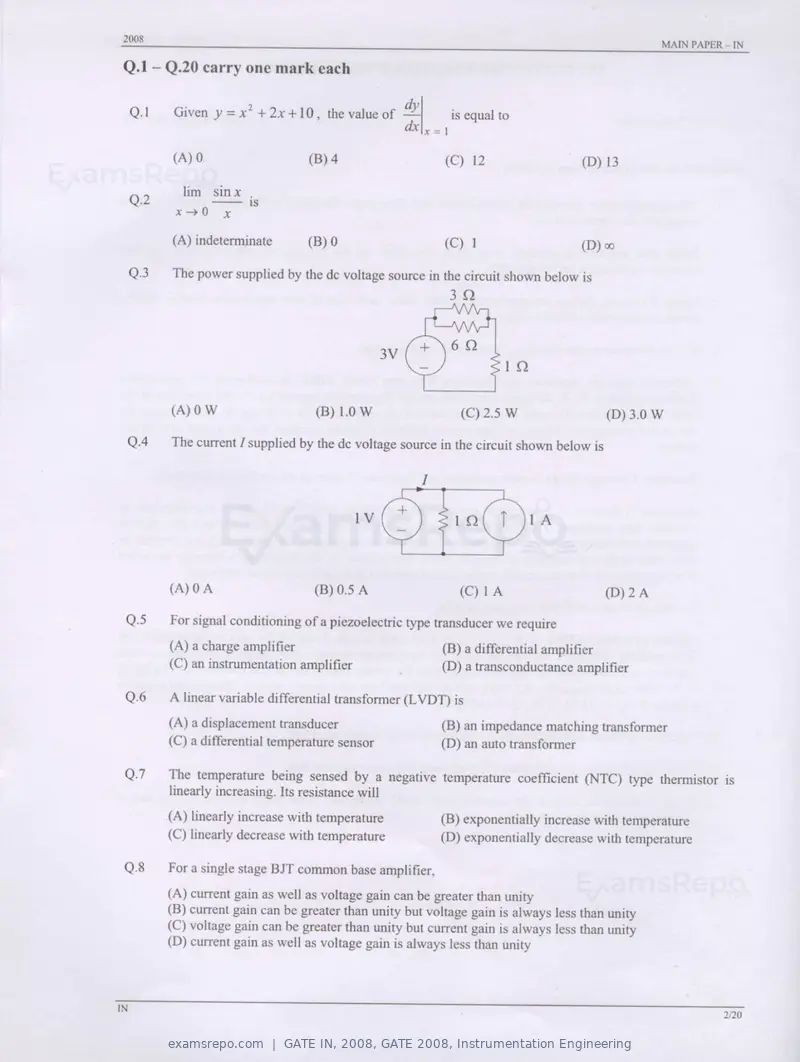 GATE IN 2008 question paper, GATE 2008, Instrumentation Engineering, page 2 of 17