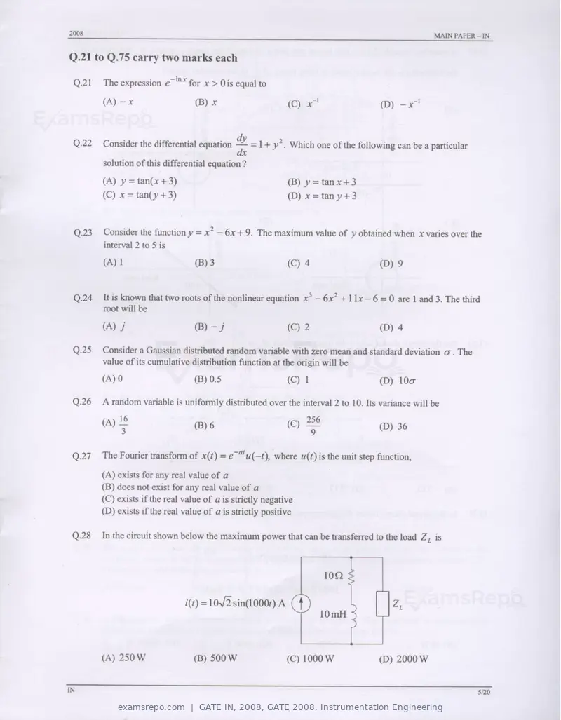 GATE IN 2008 question paper, GATE 2008, Instrumentation Engineering, page 5 of 17