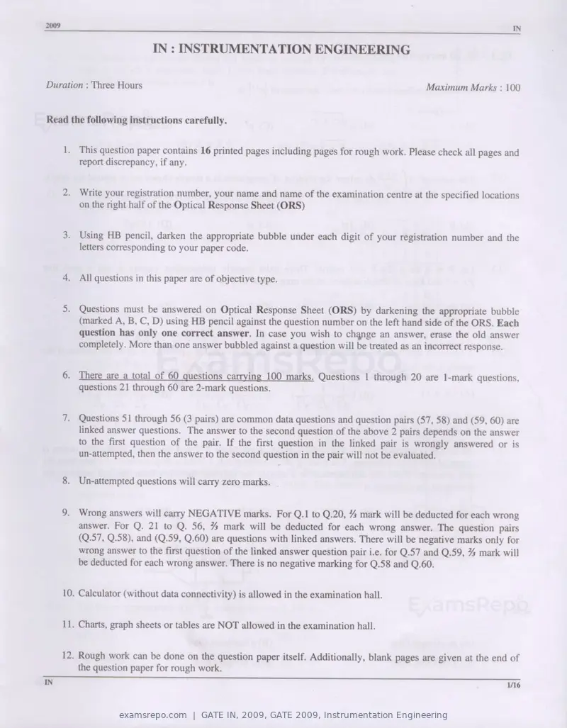 GATE IN 2009 question paper, GATE 2009, Instrumentation Engineering, page 1 of 14