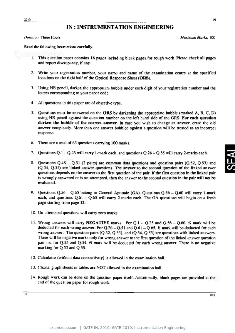 GATE IN 2010 question paper, GATE 2010, Instrumentation Engineering, page 1 of 16