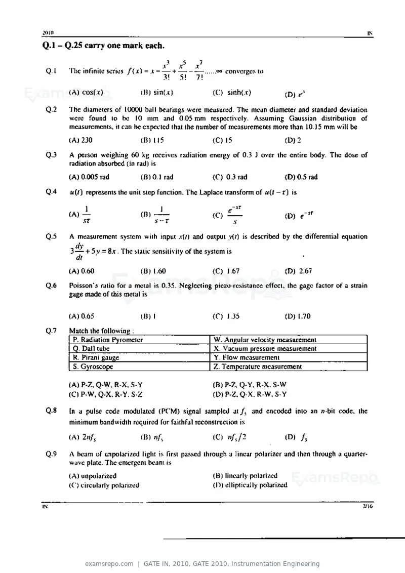 GATE IN 2010 question paper, GATE 2010, Instrumentation Engineering, page 2 of 16