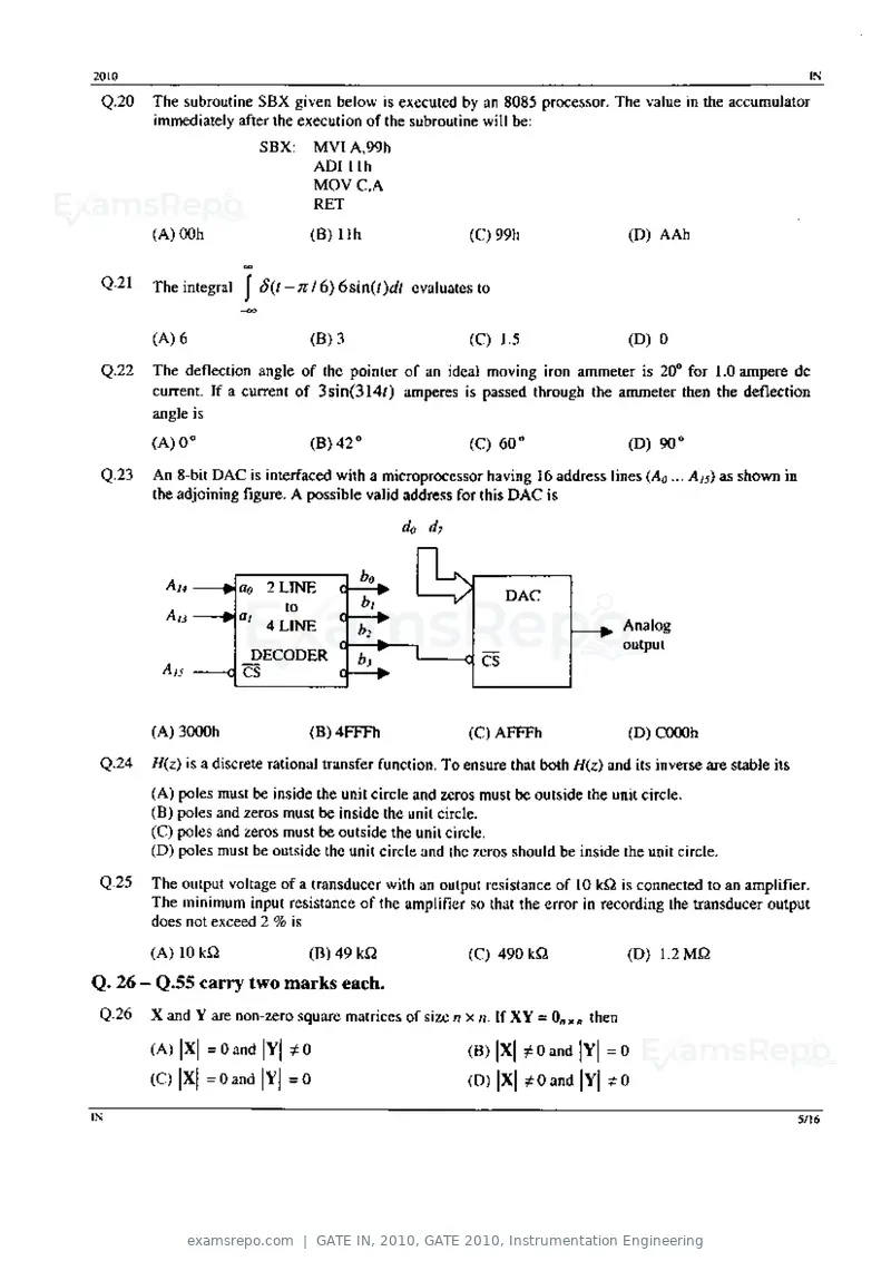 GATE IN 2010 question paper, GATE 2010, Instrumentation Engineering, page 5 of 16