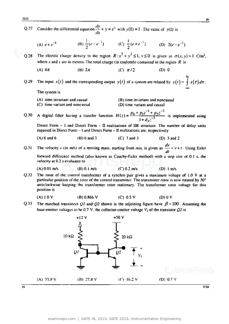 GATE IN 2010 question paper, GATE 2010, Instrumentation Engineering, page 6 of 16