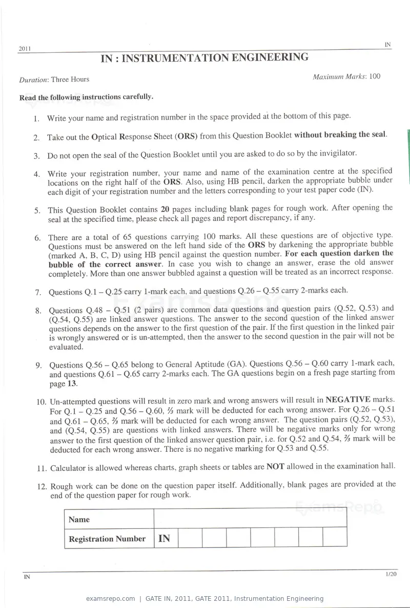 GATE IN 2011 question paper, GATE 2011, Instrumentation Engineering, page 1 of 14