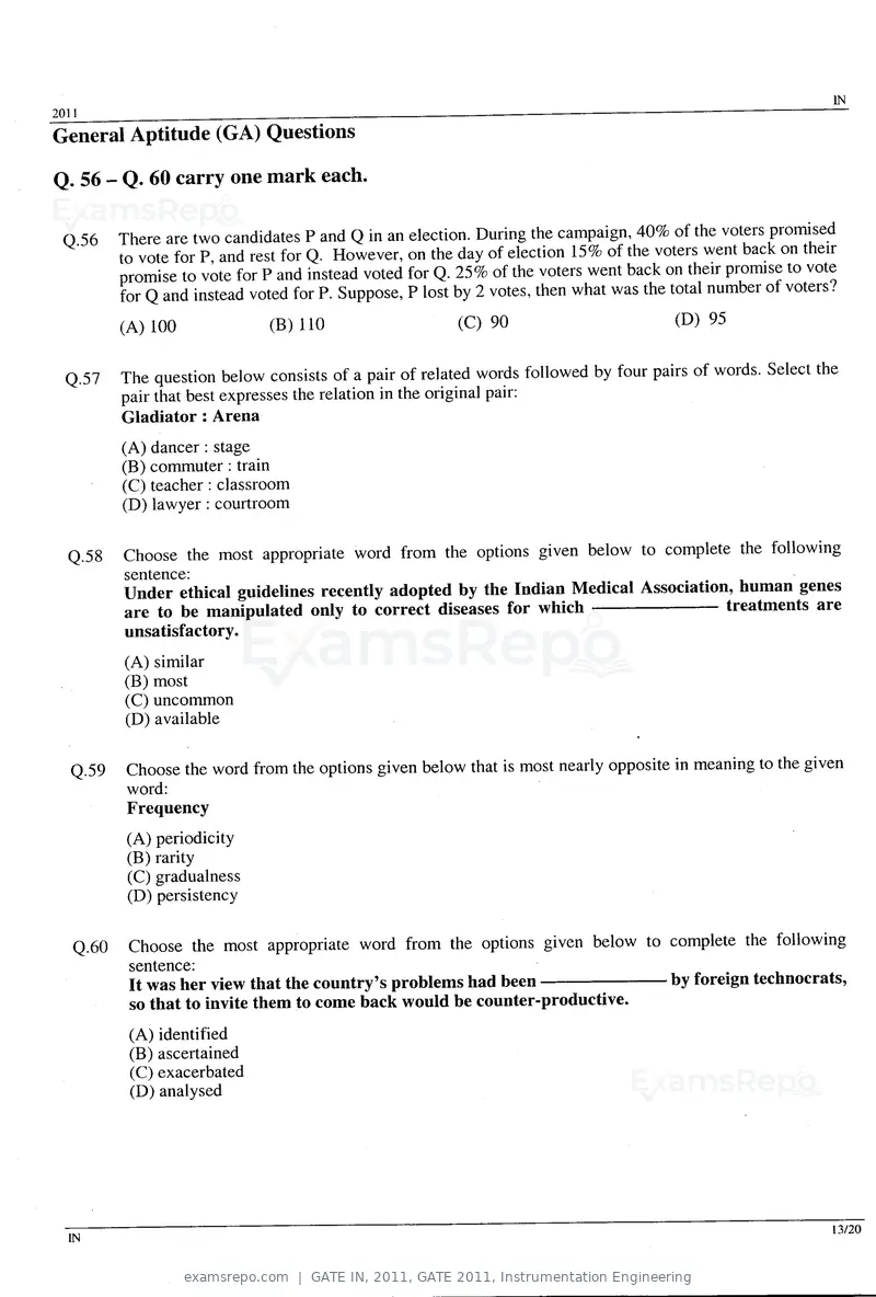 GATE IN 2011 question paper, GATE 2011, Instrumentation Engineering, page 13 of 14
