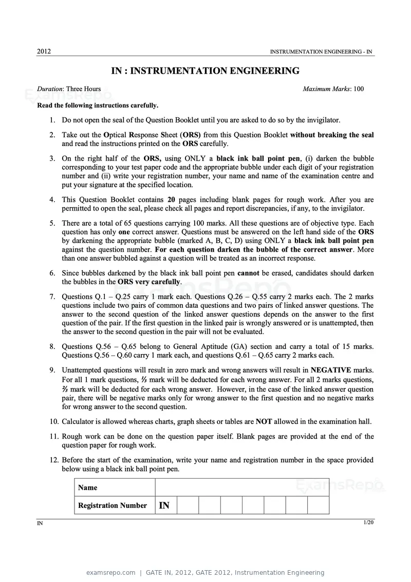 GATE IN 2012 question paper, GATE 2012, Instrumentation Engineering, page 1 of 15