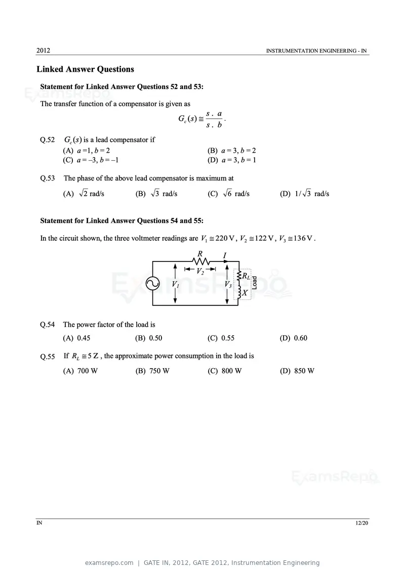 GATE IN 2012 question paper, GATE 2012, Instrumentation Engineering, page 12 of 15