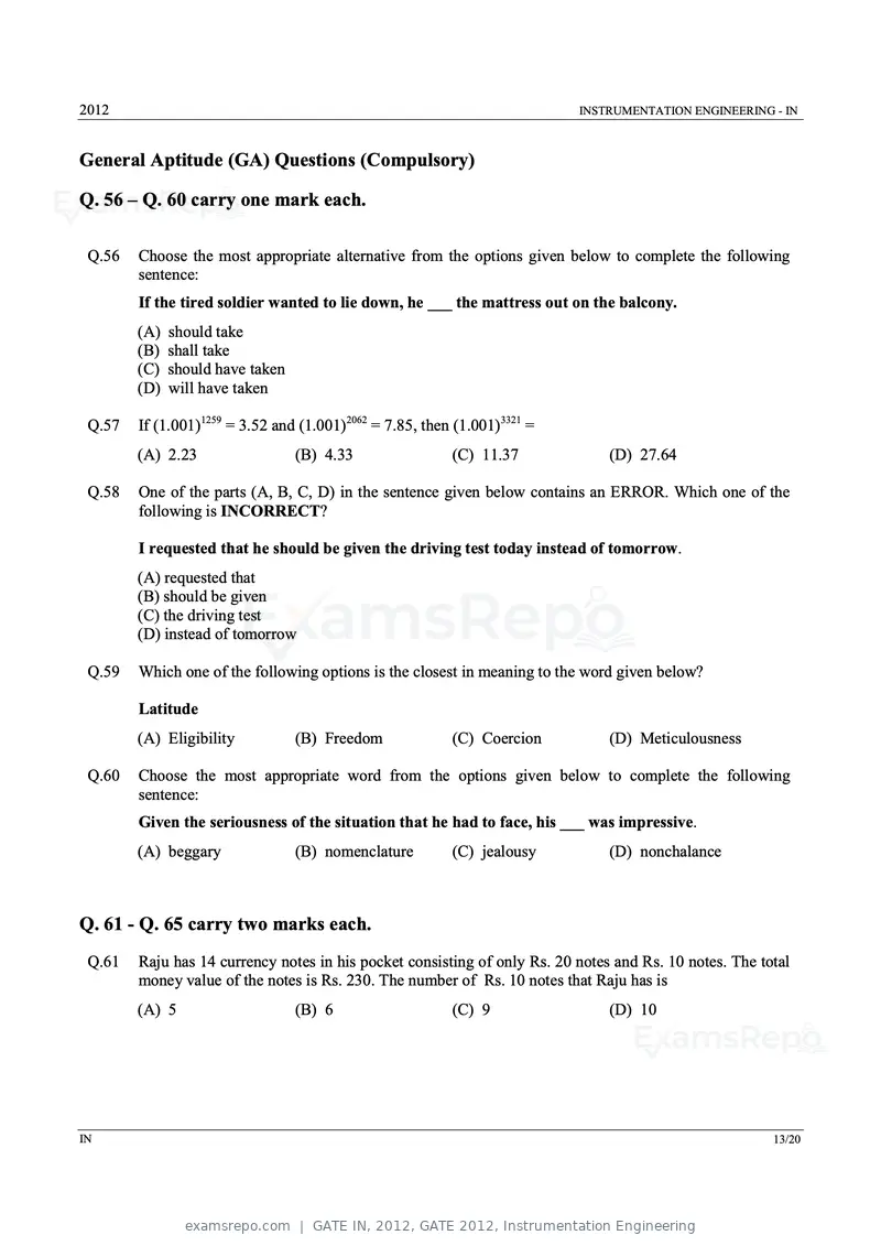 GATE IN 2012 question paper, GATE 2012, Instrumentation Engineering, page 13 of 15