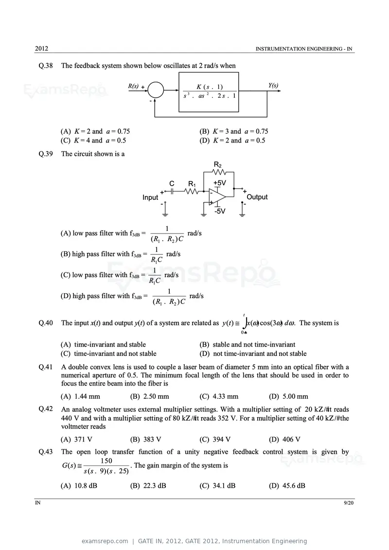 GATE IN 2012 question paper, GATE 2012, Instrumentation Engineering, page 9 of 15