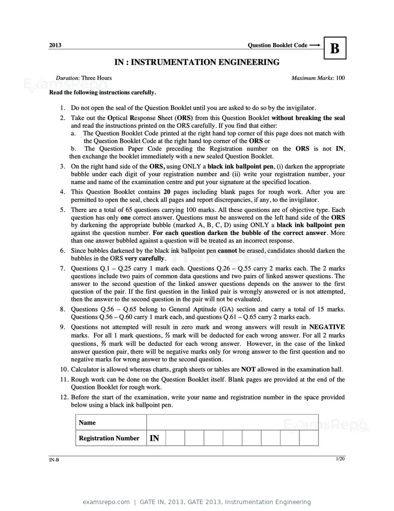 GATE IN 2013 question paper, GATE 2013, Instrumentation Engineering, page 19 of 68