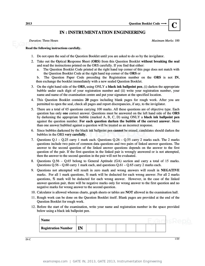 GATE IN 2013 question paper, GATE 2013, Instrumentation Engineering, page 36 of 68