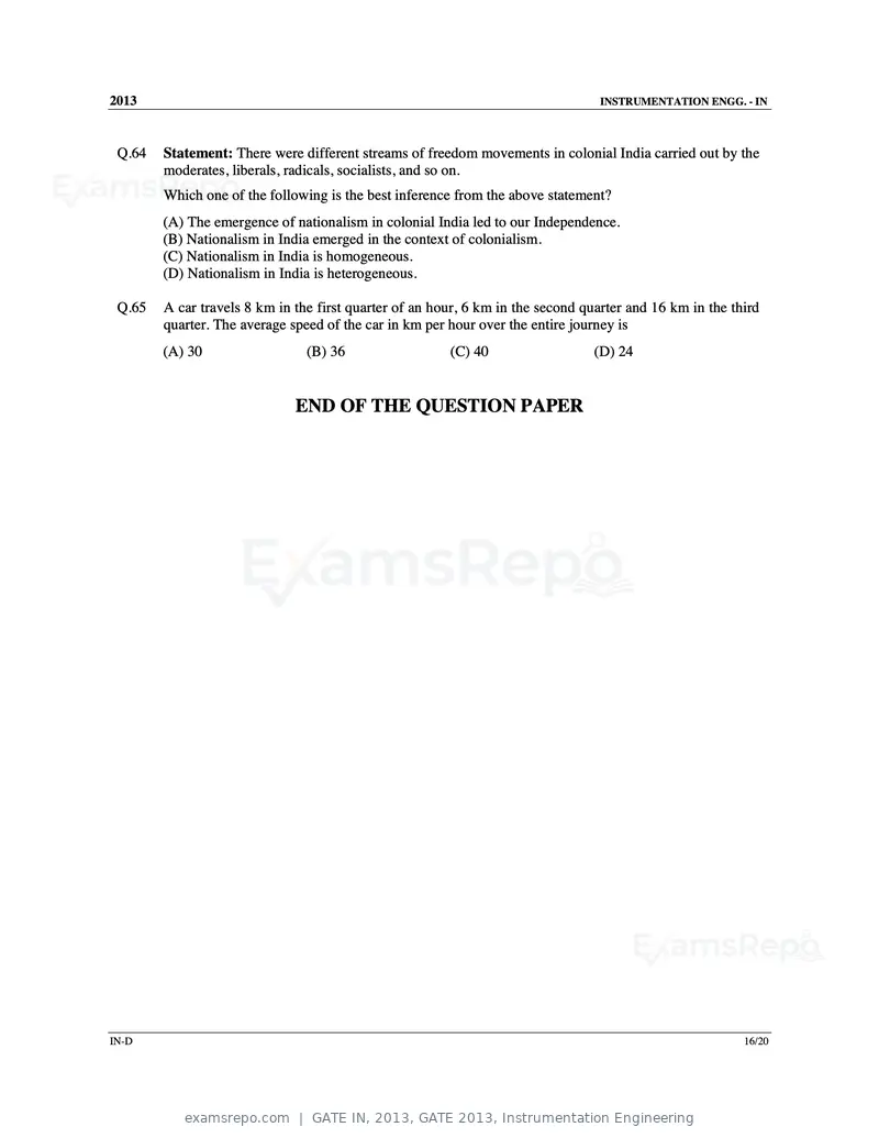 GATE IN 2013 question paper, GATE 2013, Instrumentation Engineering, page 68 of 68
