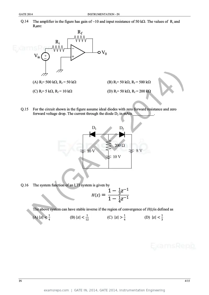 GATE IN 2014 question paper, GATE 2014, Instrumentation Engineering, page 10 of 22