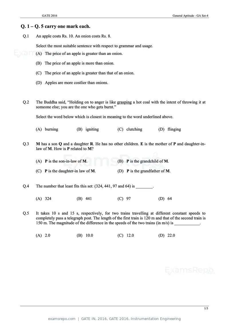 GATE IN 2016 question paper, GATE 2016, Instrumentation Engineering, page 1 of 17