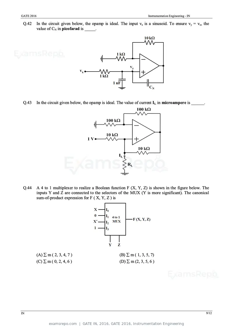 GATE IN 2016 question paper, GATE 2016, Instrumentation Engineering, page 12 of 17