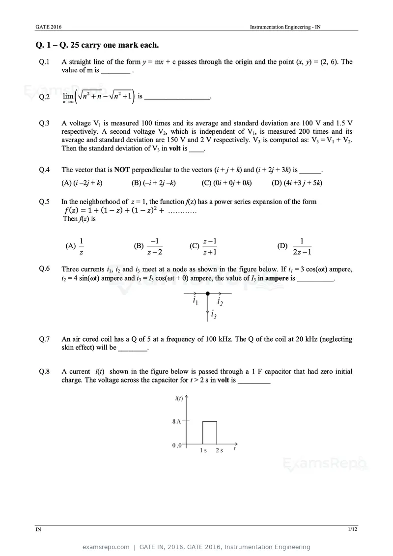 GATE IN 2016 question paper, GATE 2016, Instrumentation Engineering, page 4 of 17