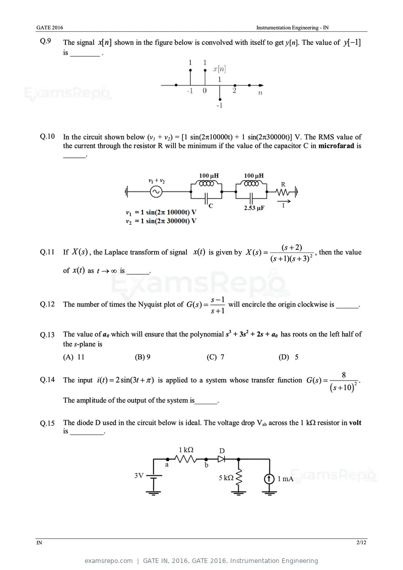 GATE IN 2016 question paper, GATE 2016, Instrumentation Engineering, page 5 of 17
