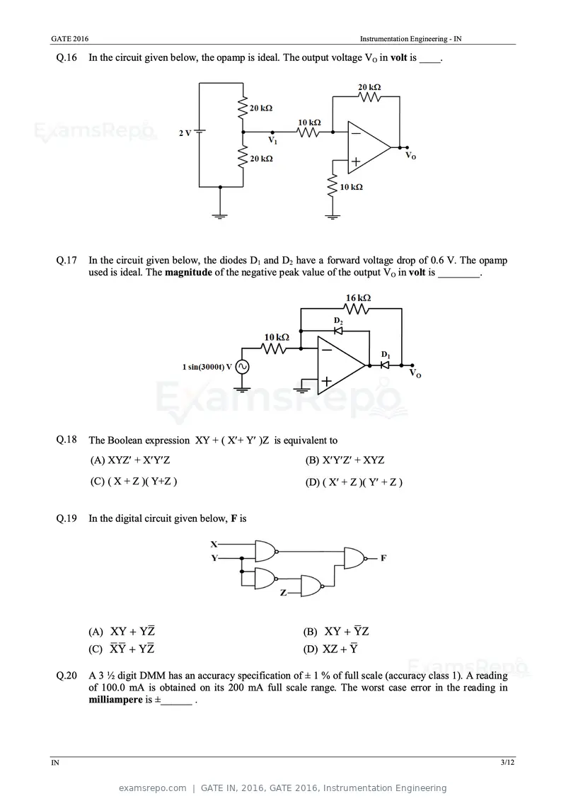 GATE IN 2016 question paper, GATE 2016, Instrumentation Engineering, page 6 of 17