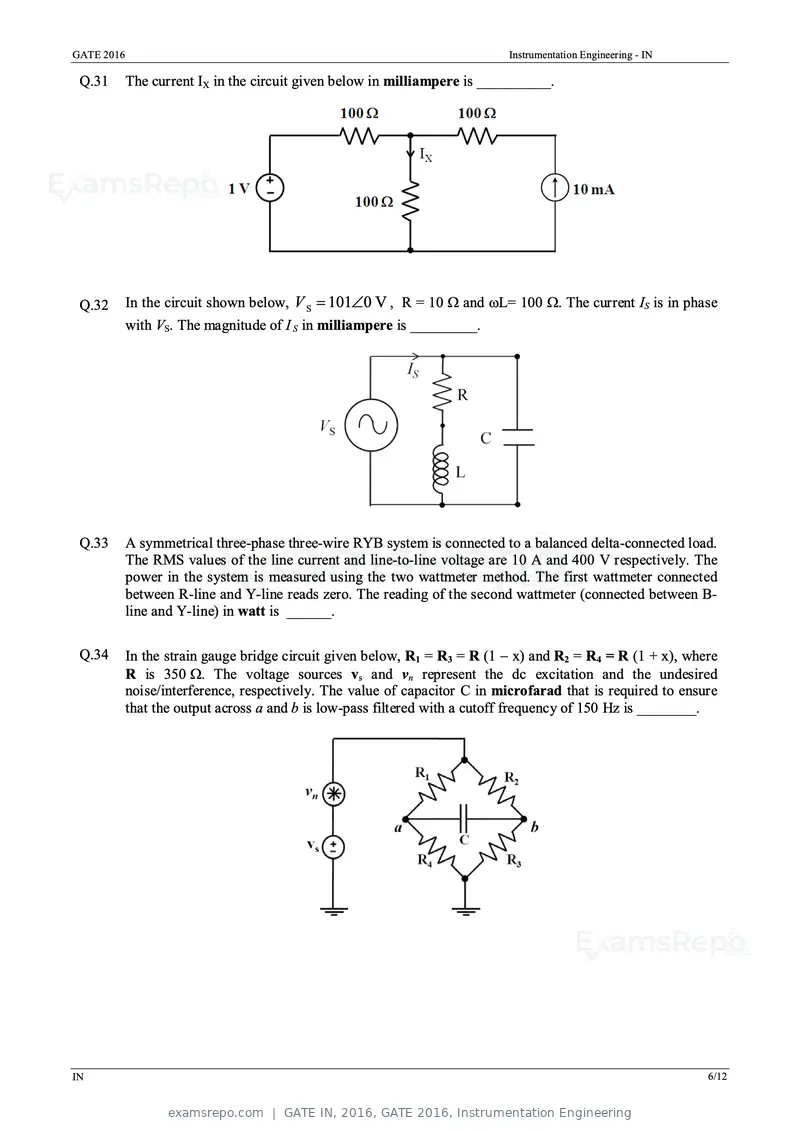 GATE IN 2016 question paper, GATE 2016, Instrumentation Engineering, page 9 of 17