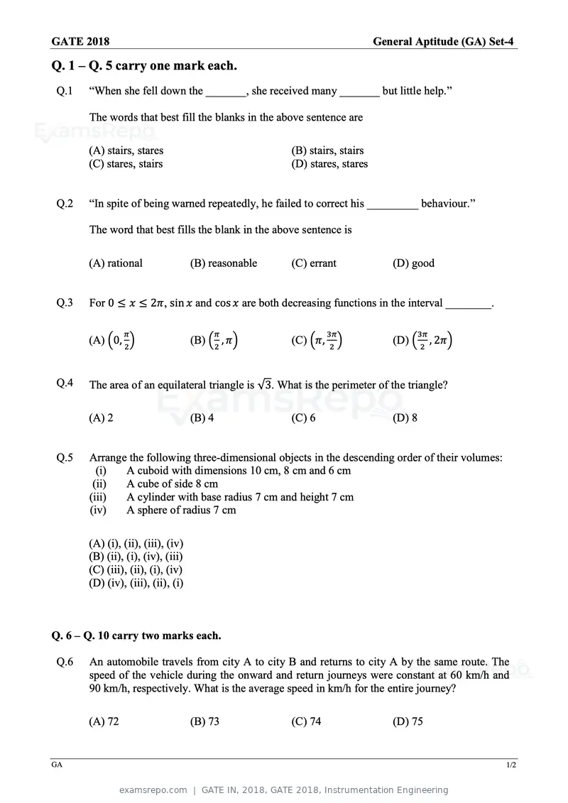 GATE IN 2018 question paper, GATE 2018, Instrumentation Engineering, page 1 of 19