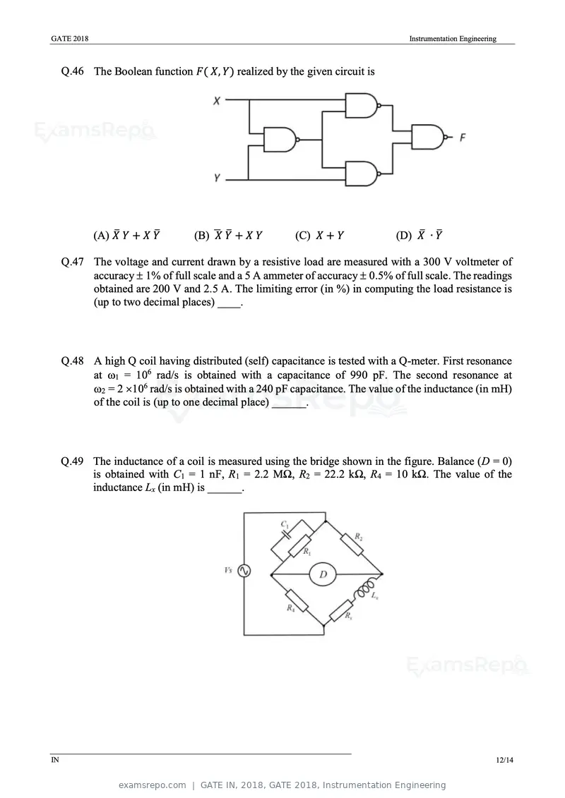 GATE IN 2018 question paper, GATE 2018, Instrumentation Engineering, page 14 of 19