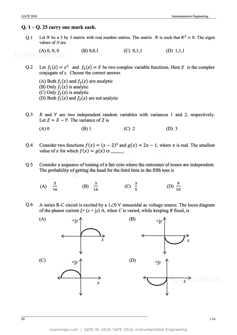 GATE IN 2018 question paper, GATE 2018, Instrumentation Engineering, page 3 of 19