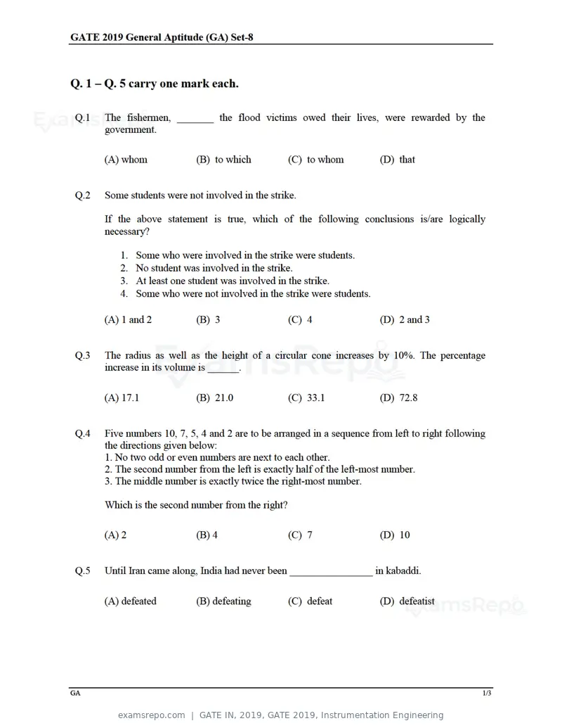 GATE IN 2019 question paper, GATE 2019, Instrumentation Engineering, page 1 of 24
