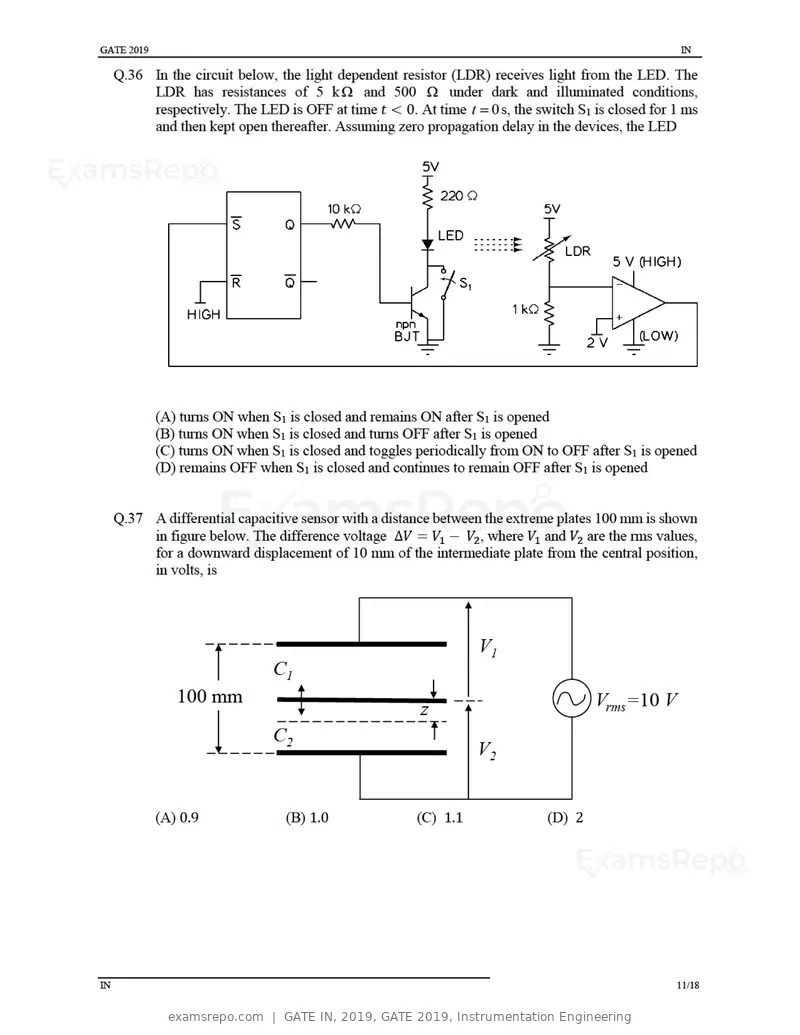 GATE IN 2019 question paper, GATE 2019, Instrumentation Engineering, page 14 of 24