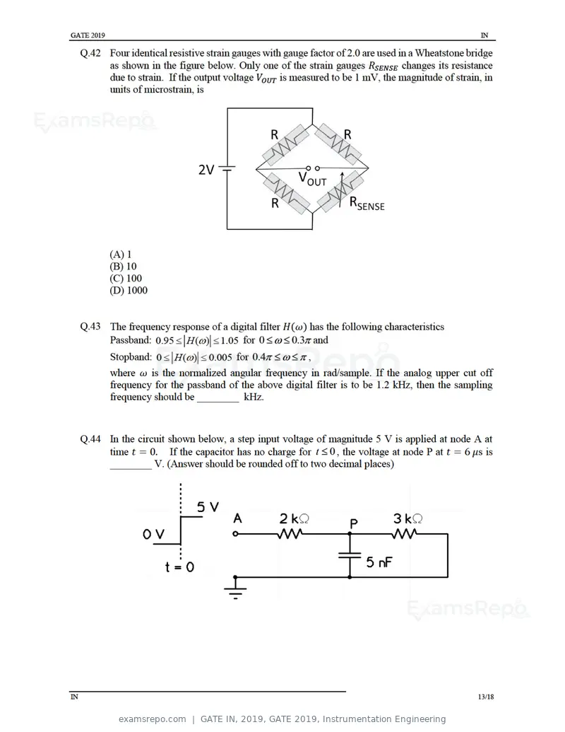 GATE IN 2019 question paper, GATE 2019, Instrumentation Engineering, page 16 of 24