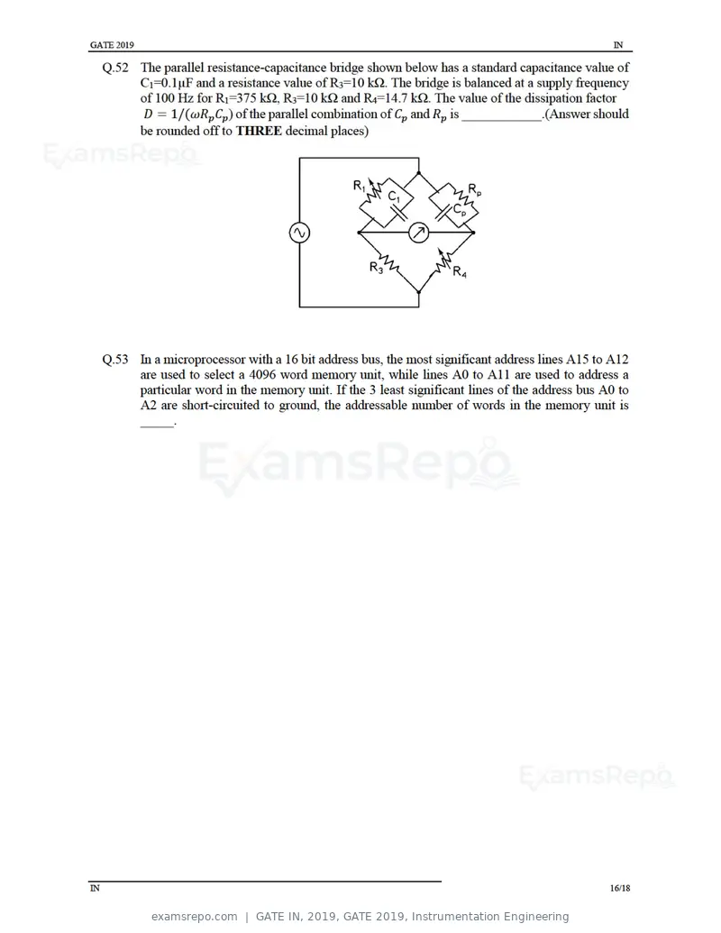 GATE IN 2019 question paper, GATE 2019, Instrumentation Engineering, page 19 of 24