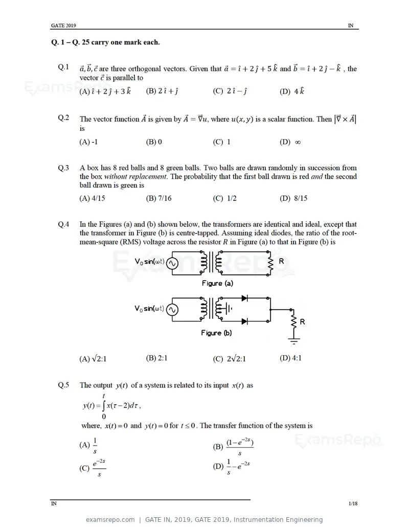 GATE IN 2019 question paper, GATE 2019, Instrumentation Engineering, page 4 of 24