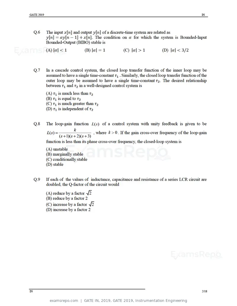 GATE IN 2019 question paper, GATE 2019, Instrumentation Engineering, page 5 of 24