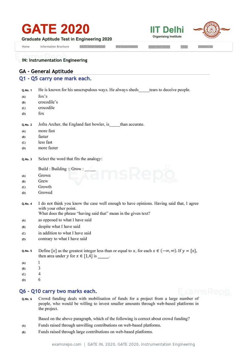 GATE IN 2020 question paper, GATE 2020, Instrumentation Engineering, page 1 of 16
