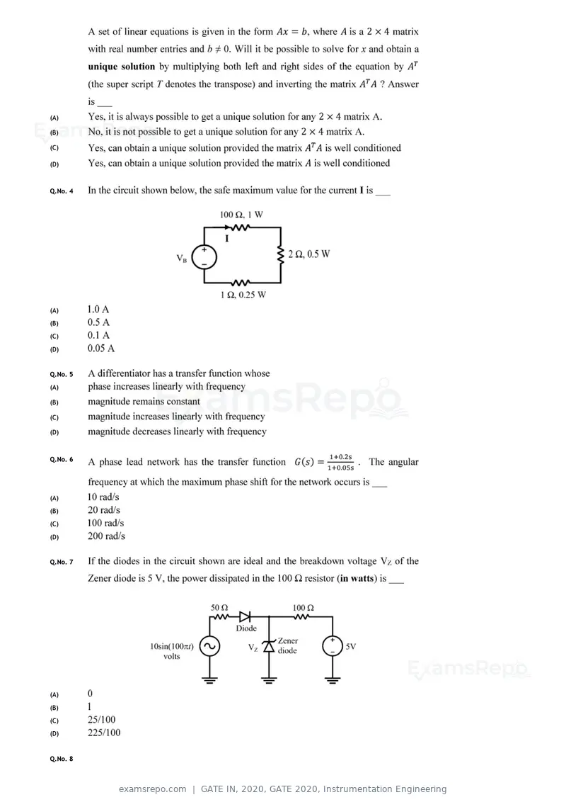 GATE IN 2020 question paper, GATE 2020, Instrumentation Engineering, page 4 of 16