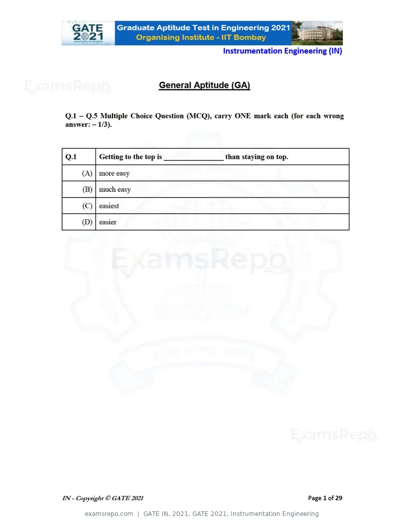 GATE IN 2021 question paper, GATE 2021, Instrumentation Engineering, page 1 of 32