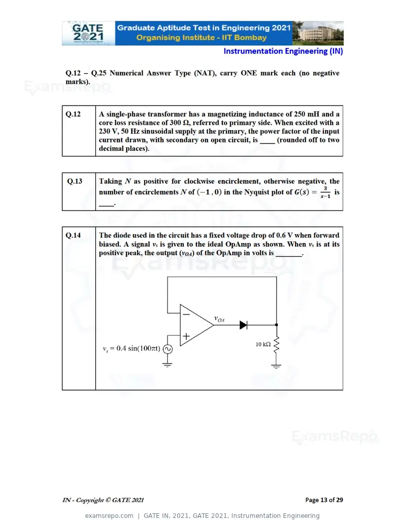 GATE IN 2021 question paper, GATE 2021, Instrumentation Engineering, page 13 of 32
