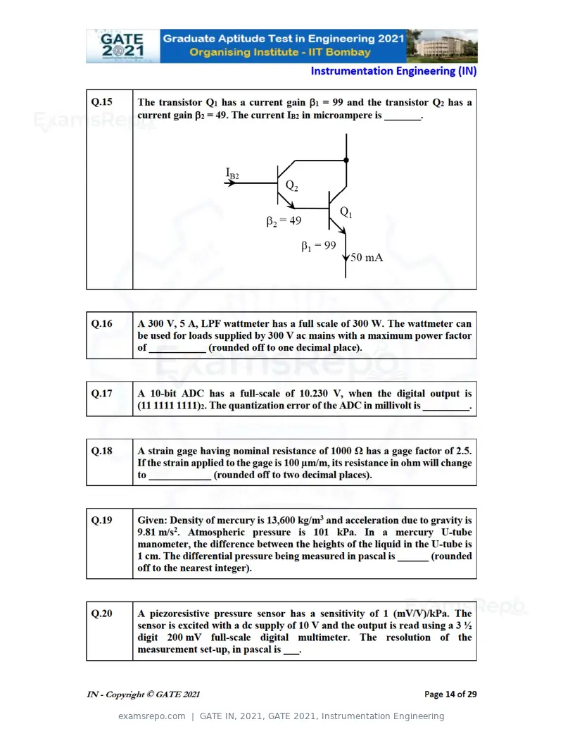 GATE IN 2021 question paper, GATE 2021, Instrumentation Engineering, page 14 of 32