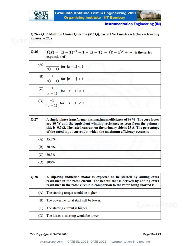 GATE IN 2021 question paper, GATE 2021, Instrumentation Engineering, page 16 of 32