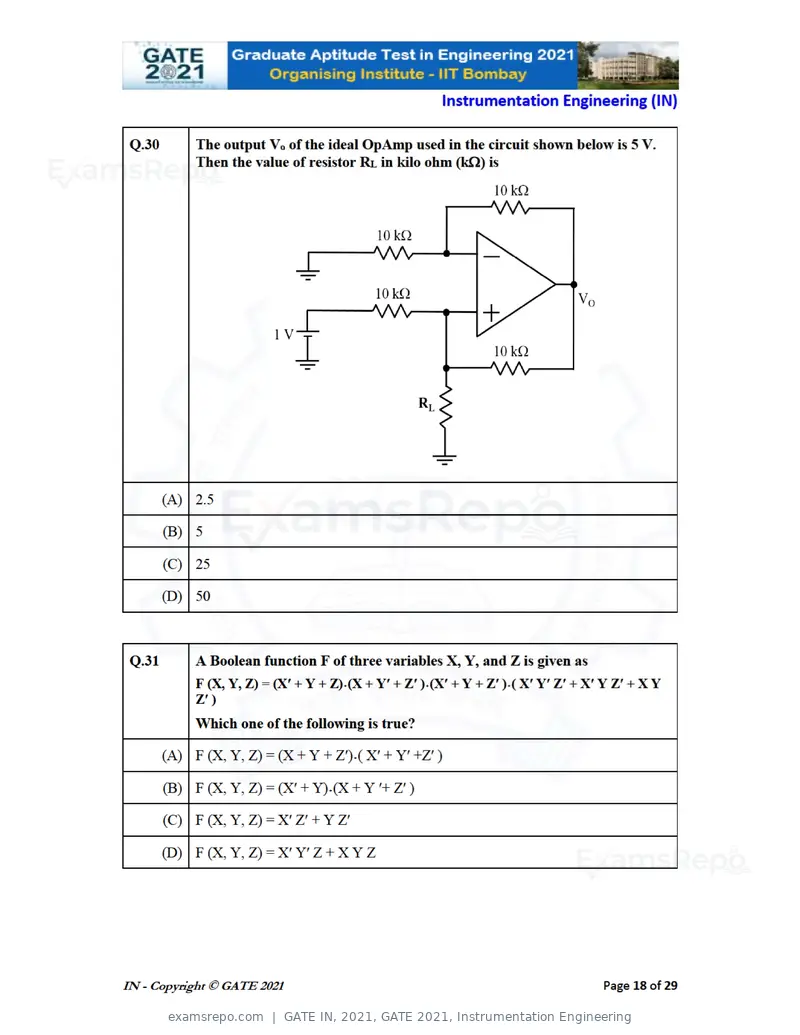 GATE IN 2021 question paper, GATE 2021, Instrumentation Engineering, page 18 of 32