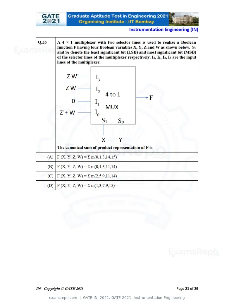 GATE IN 2021 question paper, GATE 2021, Instrumentation Engineering, page 21 of 32