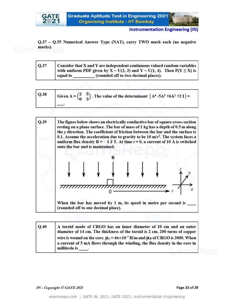 GATE IN 2021 question paper, GATE 2021, Instrumentation Engineering, page 23 of 32