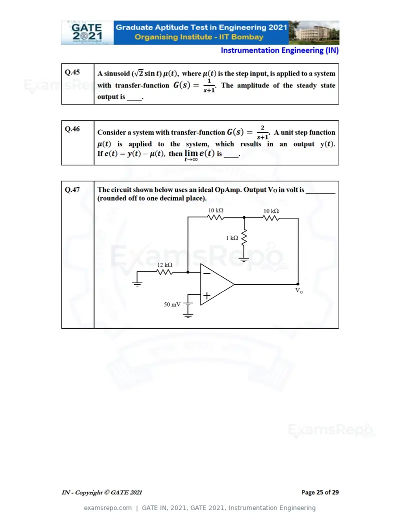 GATE IN 2021 question paper, GATE 2021, Instrumentation Engineering, page 25 of 32