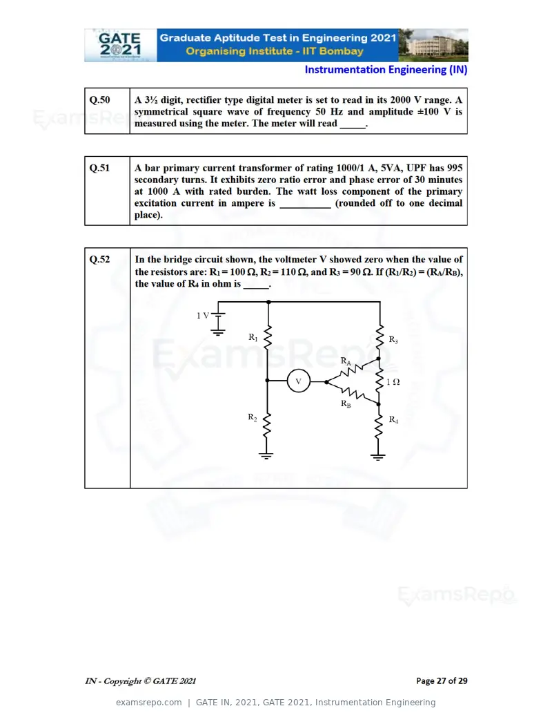 GATE IN 2021 question paper, GATE 2021, Instrumentation Engineering, page 27 of 32